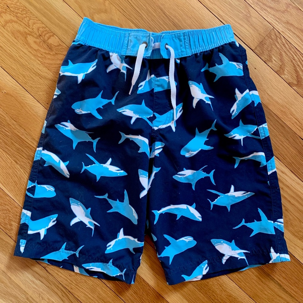 Hanna Andersson Boys’ 140/10 Sunblock Swim Trunks Navy/Sharks